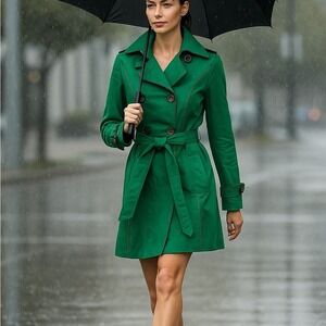Jade Melody Tam Trench Coat Kelly Green Double Brested Lined Belted Small